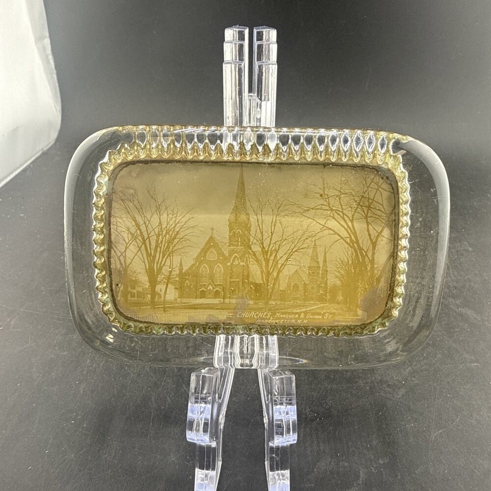 Antique Glass Photo Paperweight Manchester NH Hanover Union St Churches Vintage